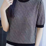 Elegant Crew Neck Color Block Plaid Knit Top