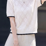 Elegant Commuter Crew Neck Color-Block Lace Short-Sleeve Knit Top