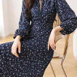 Exquisite Elegant Floral Waist-Cinched Long-Sleeve Dress