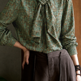 Elegant Contrast Stripe & Plaid Blouse With Ribbon Tie