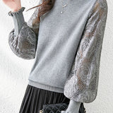 Elegant Temperament Patchwork Lace Puff Sleeve Knitted Top