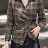 Casual Vintage Plaid Waist-Cinched Buckle Irregular Blouse