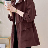 Casual Hooded Zip‑Up Drawstring Elastic Waist Trench Coat