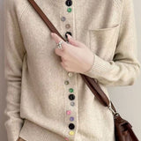 Elegant Round Neck Irregular Color Button Knit Cardigan