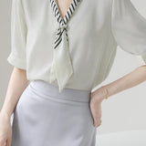 Skipper Collar Logo Striped Scarf Decor Satin Blouse