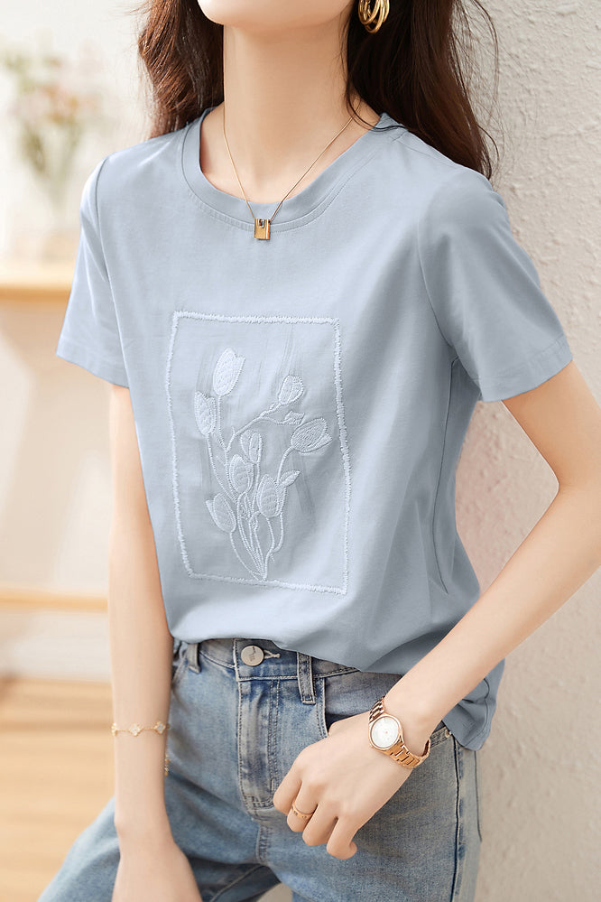 ラウンドネックフラワー刺繡Tシャツ - liwisi