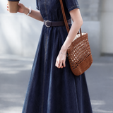 Elegant Round Neck Waist Cinched Denim Dress