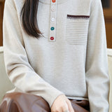 Casual Fake Two-Part Half Placket Knit Top With Patch Pockets