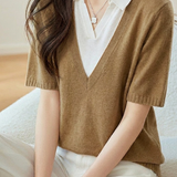 Casual Fake Two-Piece Lapel Mid-Sleeve Knit Top