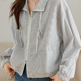 Casual Stripe Zip‑Up Long‑Sleeve Coat