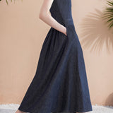 Vintage Commuter Denim V-Neck Single-Breasted Sleeveless Tank Dress