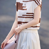 Elegant Commuter Contrast Crew Neck Ice Silk Short-Sleeve Knit Top
