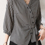 French Commuter Black And White Plaid Oblique Front Tie Shirt