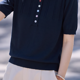 Elegant Commuter Polo Neck Hollow-Out Color Button Short-Sleeve Knit Top