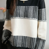Casual Retro Geometric Jacquard Color‑Block Knit Sweater