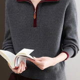 Gentle Commuter Contrast Half-Zip Lapel Knit Top