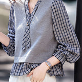 Casual Fake Two-Piece Plaid Spliced Knit Sweater