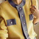 Round Neck Bi-Color Button Decor Knit Cardigan