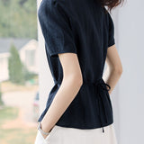 Casual Commuter Ruched Asymmetric Placket Tie Waist Blouse