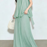Casual Vacation Sleeveless Tank Top And Pleated Midi Skirt Set
