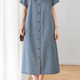 French Embroidered Single-breasted Denim Short Sleeve Dress