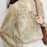 Vintage Printed Pleated Tie Blouse