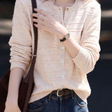 French Commuter Crew Neck Striped Textured Single‑Breasted Long‑Sleeve Knit Cardigan