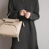 Elegant Commuter Crew Neck Long‑Sleeve Tie‑Waist Base Knit Midi Dress