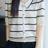 Elegant Commuter Tencel Stripe Jacquard Lapel Knit Top