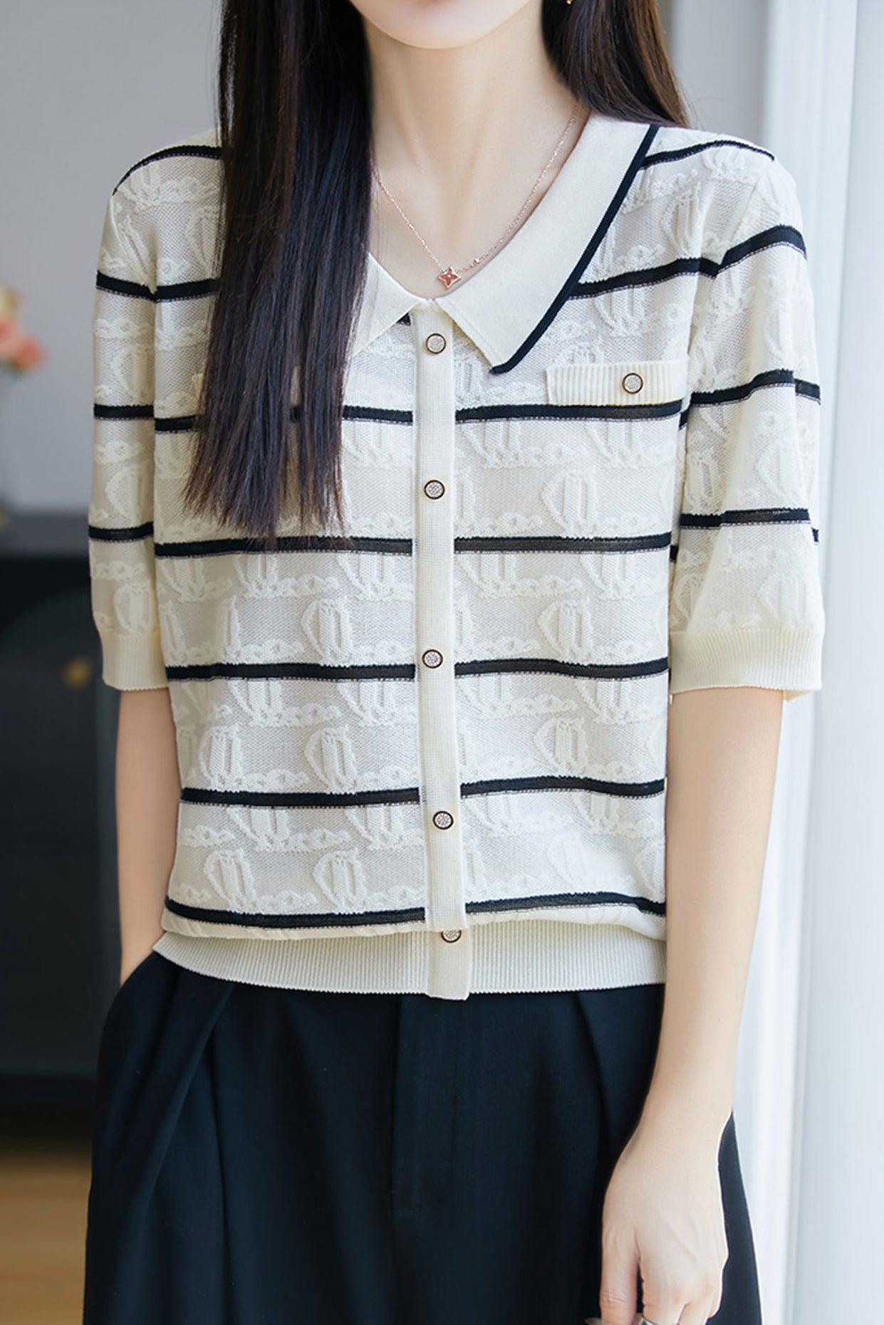 Elegant Commuter Tencel Stripe Jacquard Lapel Knit Top