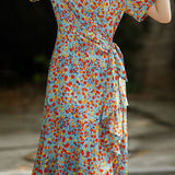 Fresh Floral Print Tie Waist Ruffled Dress