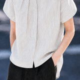 French Commuter Striped Crew Neck Ruched Button Short-Sleeve Blouse