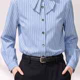 Exquisite Commuter Vertical‑Stripe Long‑Sleeve Blouse With Peter‑Pan Collar