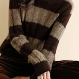 Color-Block Striped Cable Knit Turtleneck Sweater