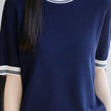 Elegant Commuter Contrast Double Stripe Crew Neck Short-Sleeve Knit T-Shirt