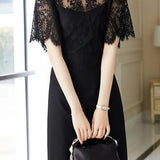 Mature Elegant Lace Cape Spliced Waist-cinched Dress