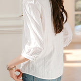 Scalloped V-Neck Button Decor Embroidered Blouse