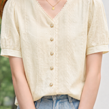 Elegant Wavy Ruffle Pearl Button Jacquard Blouse