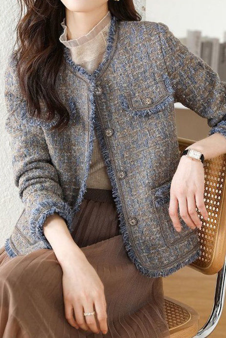 Elegant-Inspired Round Neck Fringe Decor Jacket with Lining - liwisi