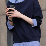 Casual Fake Two‑Piece Lapel Plaid Shirt Spliced Sweatshirt