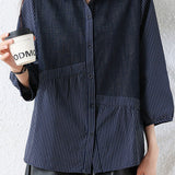 Elegant Casual Striped Lapel Irregular Spliced Seven-Quarter Sleeve Blouse