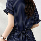 French Elegant Commuter V-Neck Striped Waist Tie Flared Sleeve Blouse