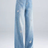 Casual High Waist Butterfly Rhinestone Wide‑Leg Denim Trousers