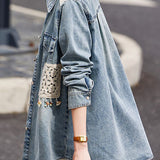 Casual Lapel Denim Shirt With Lace Appliqué And Beaded Details