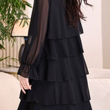 Exquisite Elegant V-Neck Chiffon Long-Sleeve Tiered Dress