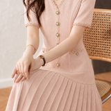 Elegant Commuter V-Neck Lace Pearl Button Pleated Dress