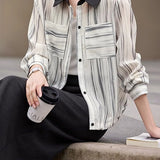 Casual Commuter Color‑Block Lapel Long‑Sleeve Blouse With Vertical Stripe Print