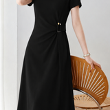 Elegant Commuter Crew Neck Dress With Side U-Buckle Twist Gathered Waist
