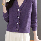 Exquisite Elegant V-Neck Rhombus Texture Beaded Knit Cardigan