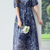 Exquisite Date‑Style Crew‑Neck Short‑Sleeve Dress With Botanical Print